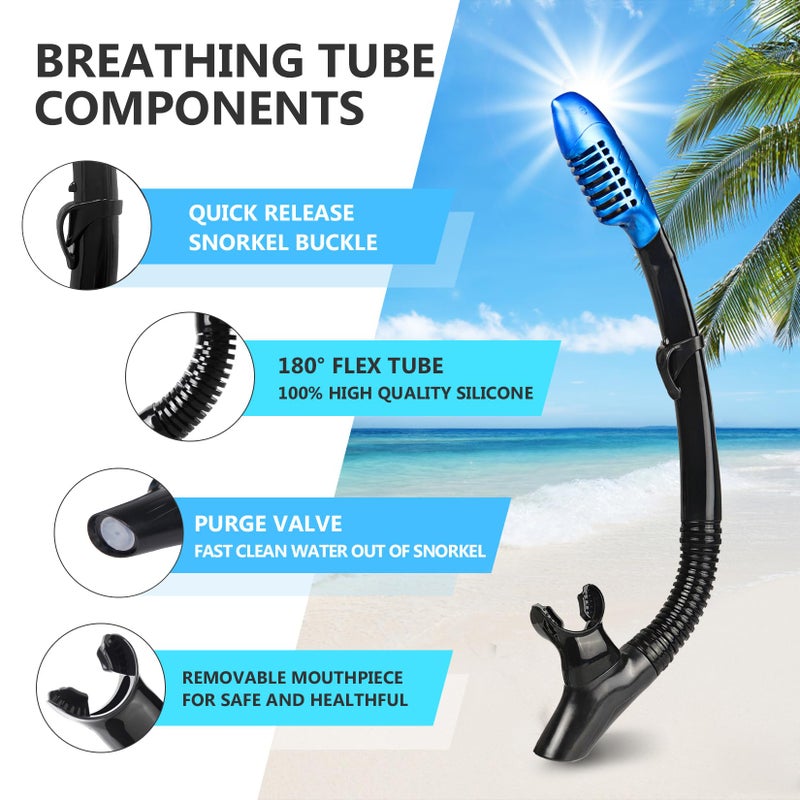 EXP VISION Adult Snorkel Set, Professional Snorkeling Gear Panoramic Anti-Fog Diving Goggles and Dry Snorkel Tempered Glass Scuba Mask for Diving, Snorkeling and Swimming (Blue-Silver Set) - Image 5